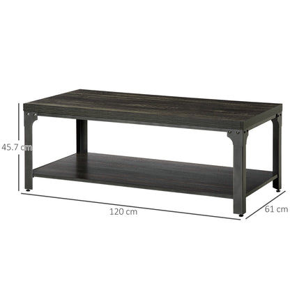 HOMCOM Rustic Coffee Table with Storage Shelf, Cocktail Table with Steel Frame and Thickened Top for Living Room, Dark Walnut