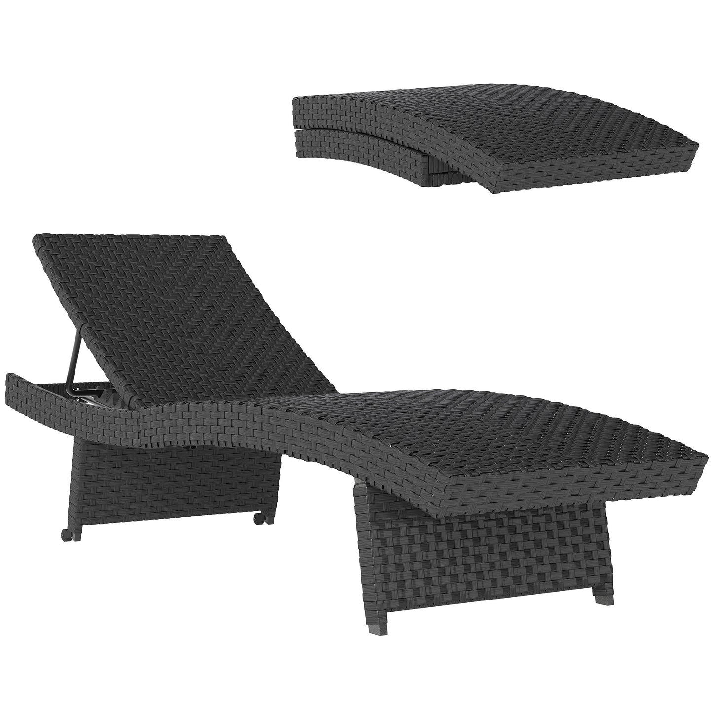 Outsunny Outdoor PE Rattan Sun Lounger, Folding Wicker Garden Lounger Recliner with 4-Level Adjustable Backrest, Rolling Sunbed Lounge Chair with Wheels, Non-Slip Legs for Balcony, Beach, Black
