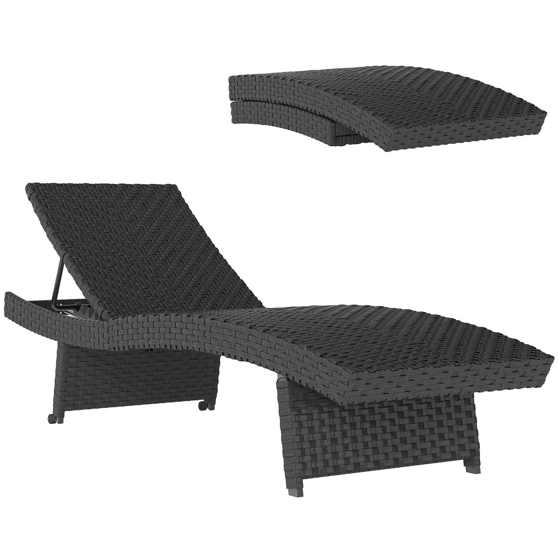 Outsunny Outdoor PE Rattan Sun Lounger, Folding Wicker Garden Lounger Recliner with 4-Level Adjustable Backrest, Rolling Sunbed Lounge Chair with Wheels, Non-Slip Legs for Balcony, Beach, Black