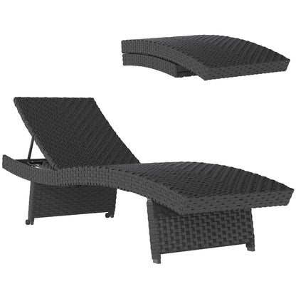 Outsunny Outdoor PE Rattan Sun Lounger, Folding Wicker Garden Lounger Recliner with 4-Level Adjustable Backrest, Rolling Sunbed Lounge Chair with Wheels, Non-Slip Legs for Balcony, Beach, Black