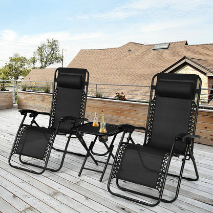 3 Pieces Zero Gravity Lounge Chair Set with Tea Table-Black