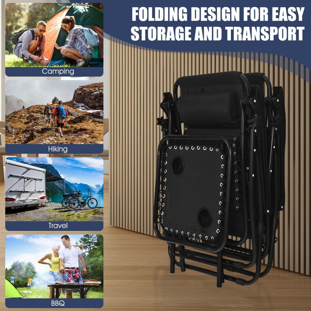 3 Pieces Zero Gravity Lounge Chair Set with Tea Table-Black