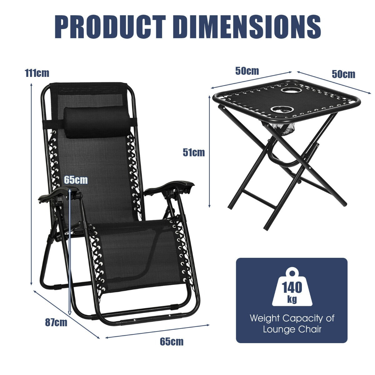 3 Pieces Zero Gravity Lounge Chair Set with Tea Table-Black