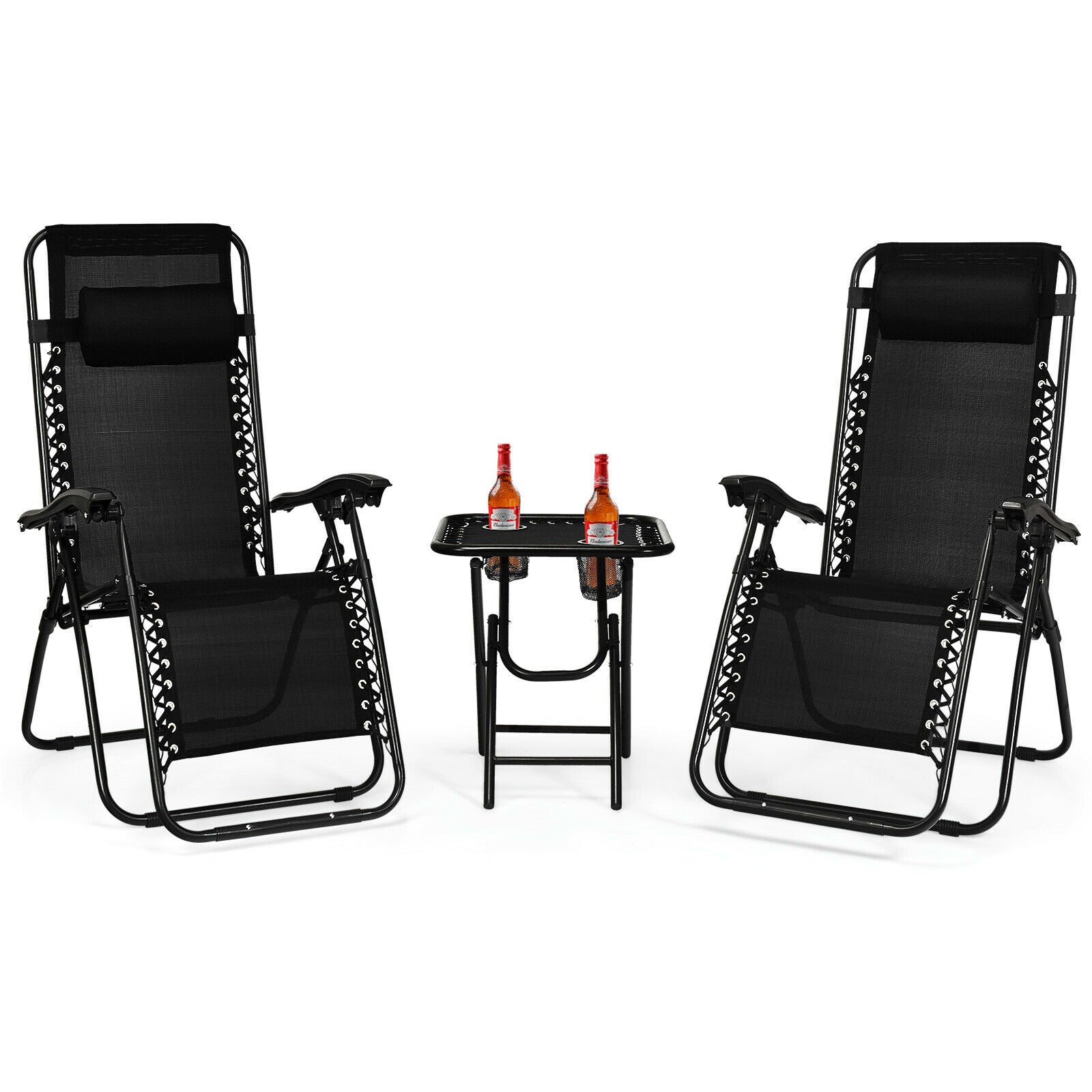 3 Pieces Zero Gravity Lounge Chair Set with Tea Table-Black