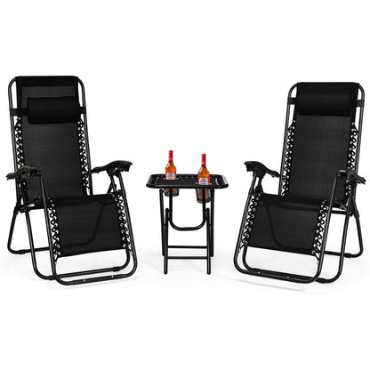 3 Pieces Zero Gravity Lounge Chair Set with Tea Table-Black