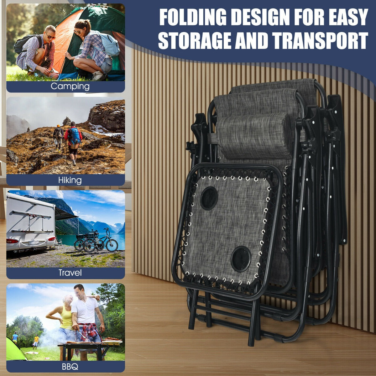 3 Pieces Zero Gravity Lounge Chair Set with Tea Table-Grey