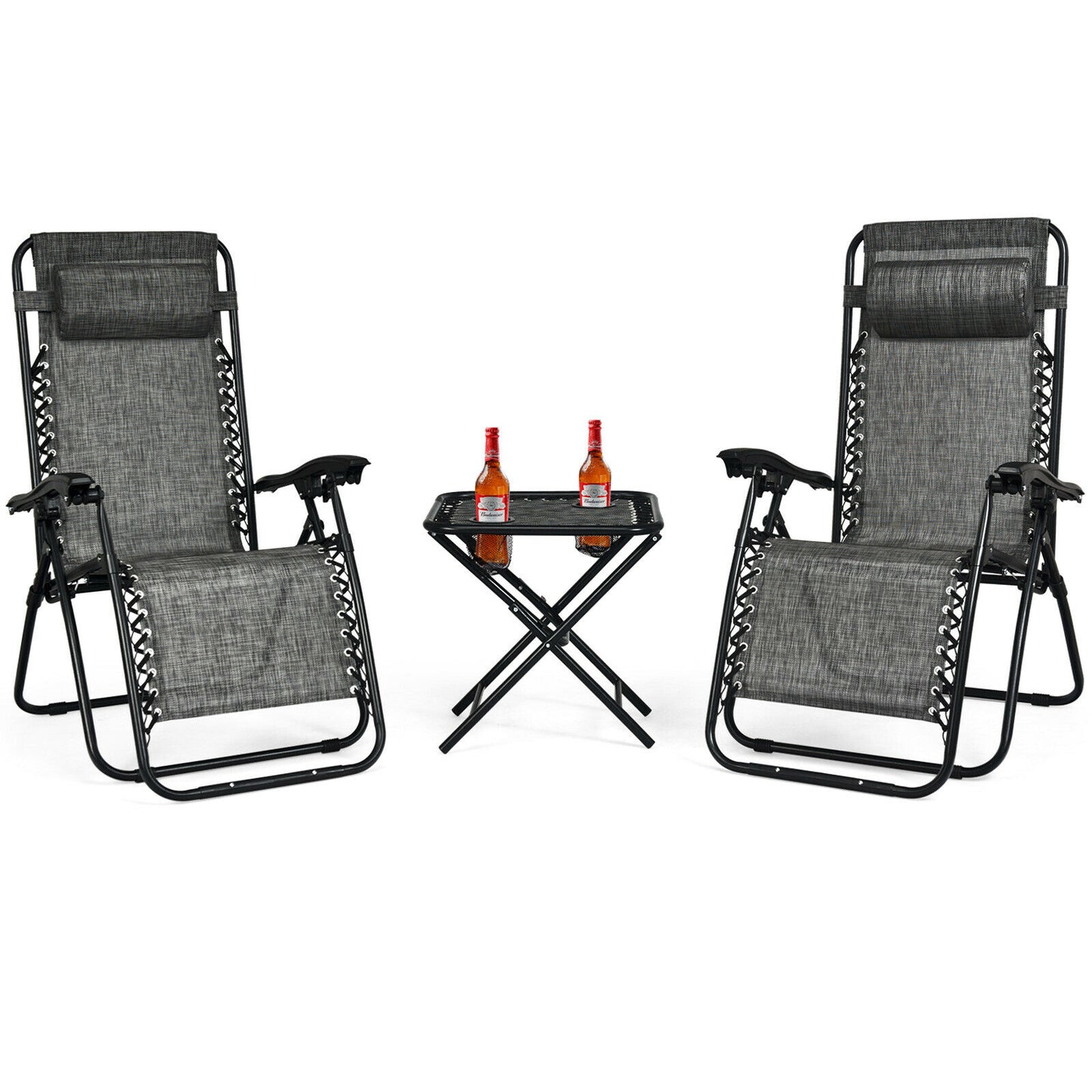 3 Pieces Zero Gravity Lounge Chair Set with Tea Table-Grey