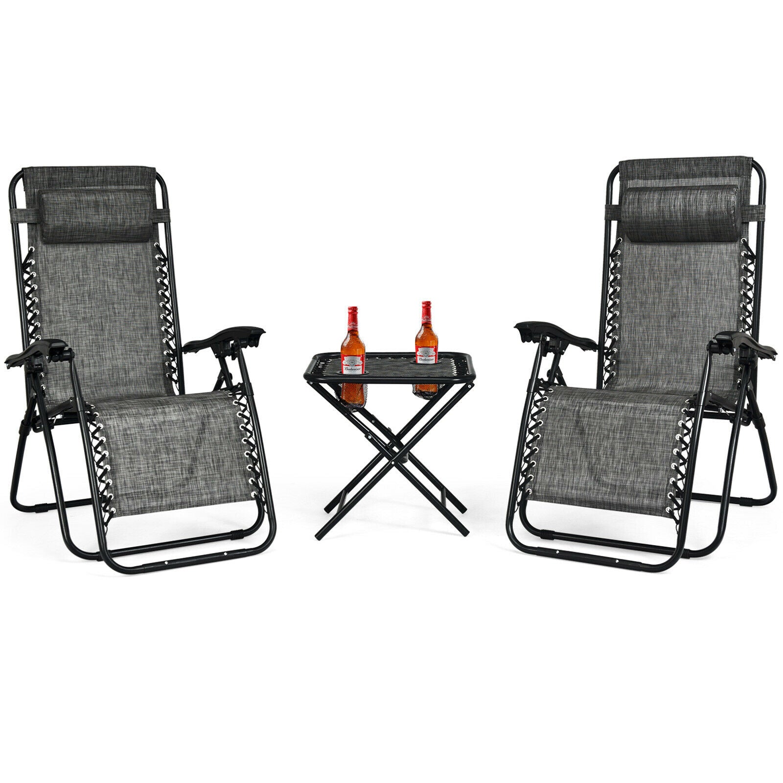 3 Pieces Zero Gravity Lounge Chair Set with Tea Table-Grey