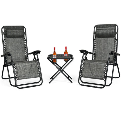 3 Pieces Zero Gravity Lounge Chair Set with Tea Table-Grey