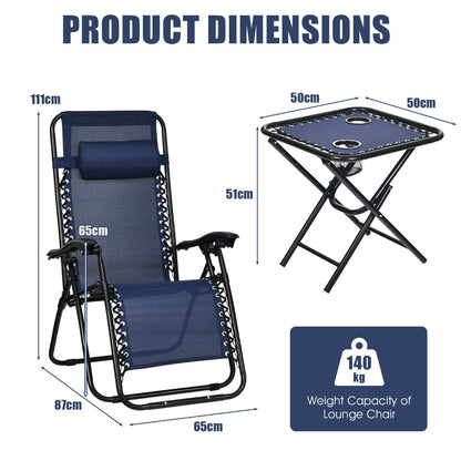 3 Pieces Zero Gravity Lounge Chair Set with Tea Table-Blue