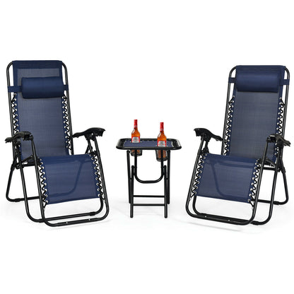 3 Pieces Zero Gravity Lounge Chair Set with Tea Table-Blue