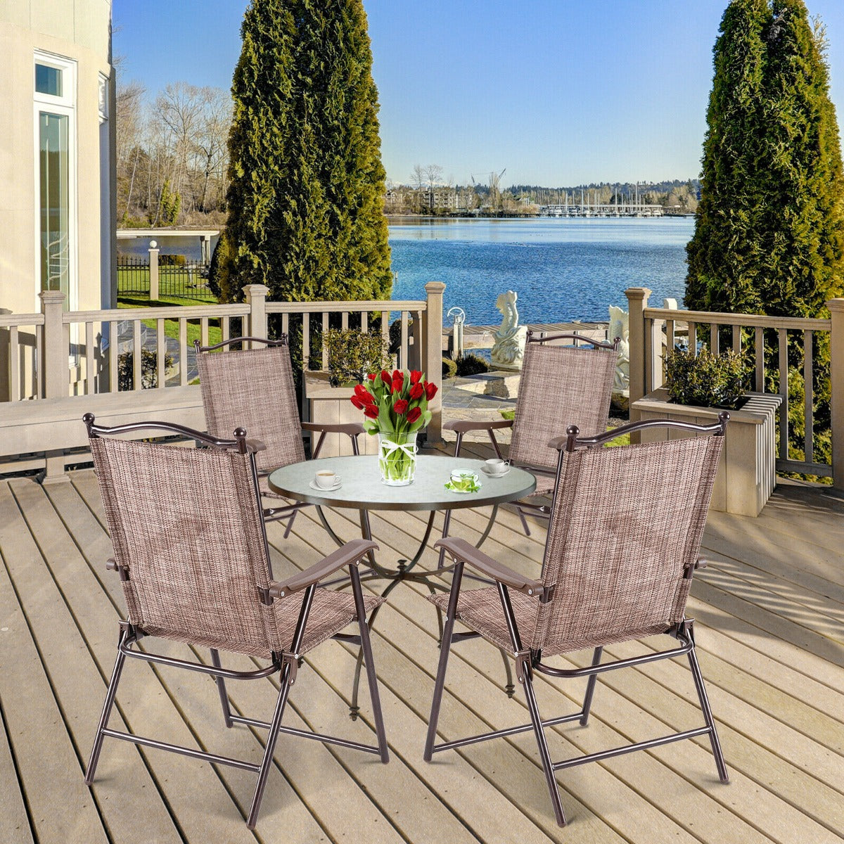 Set of 2 Patio Folding Chairs with Armrests and Footrest-Coffee