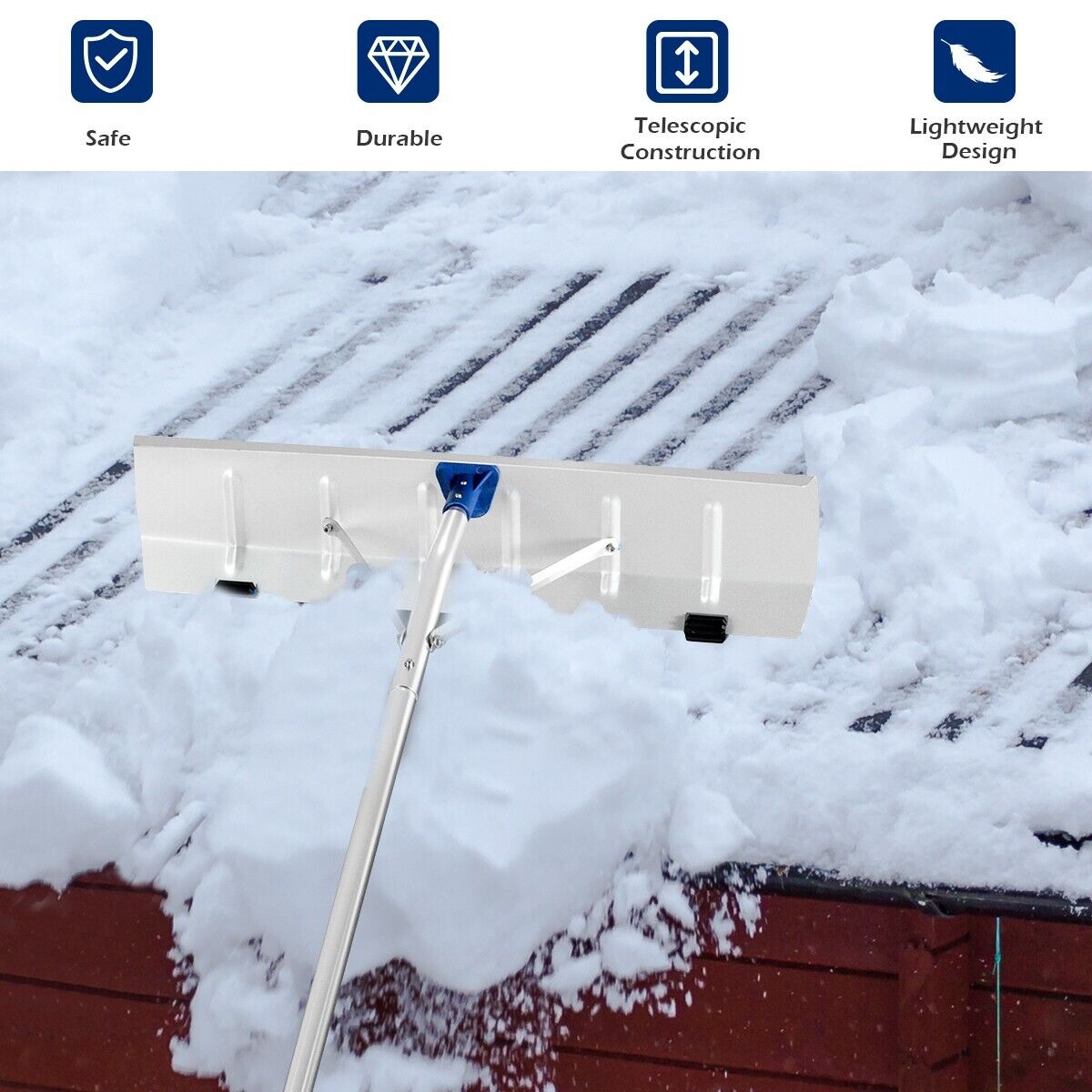 Extendable Roof Snow Rake with Blade and 5-Section Tubes for House Car Road