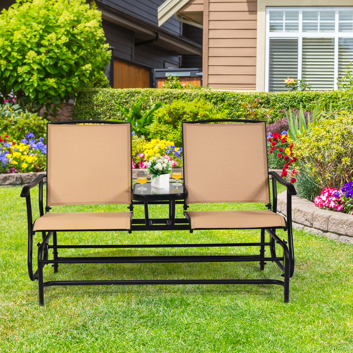 2 Seater Garden Rocking Lounge with Centre Table-Beige