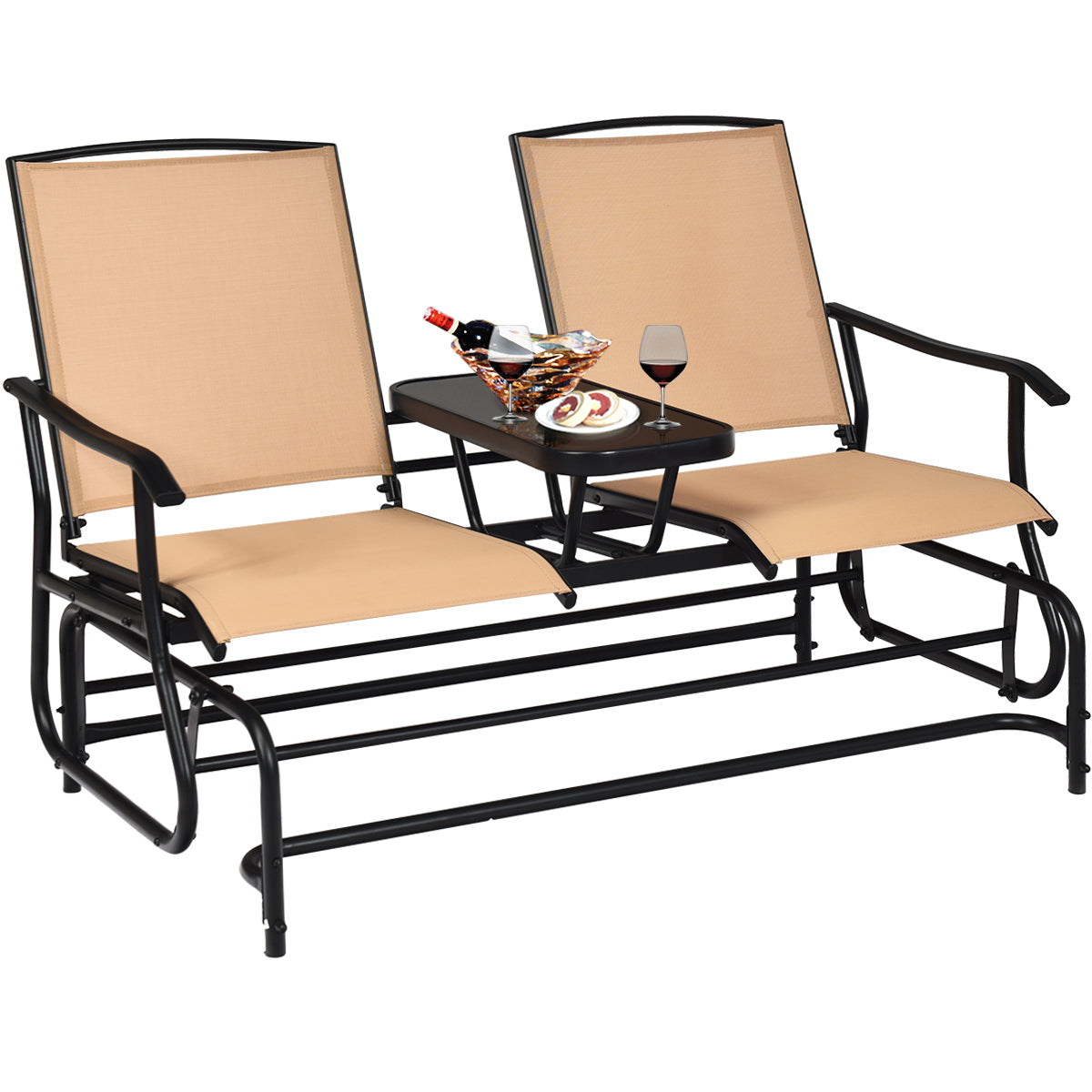 2 Seater Garden Rocking Lounge with Centre Table-Beige