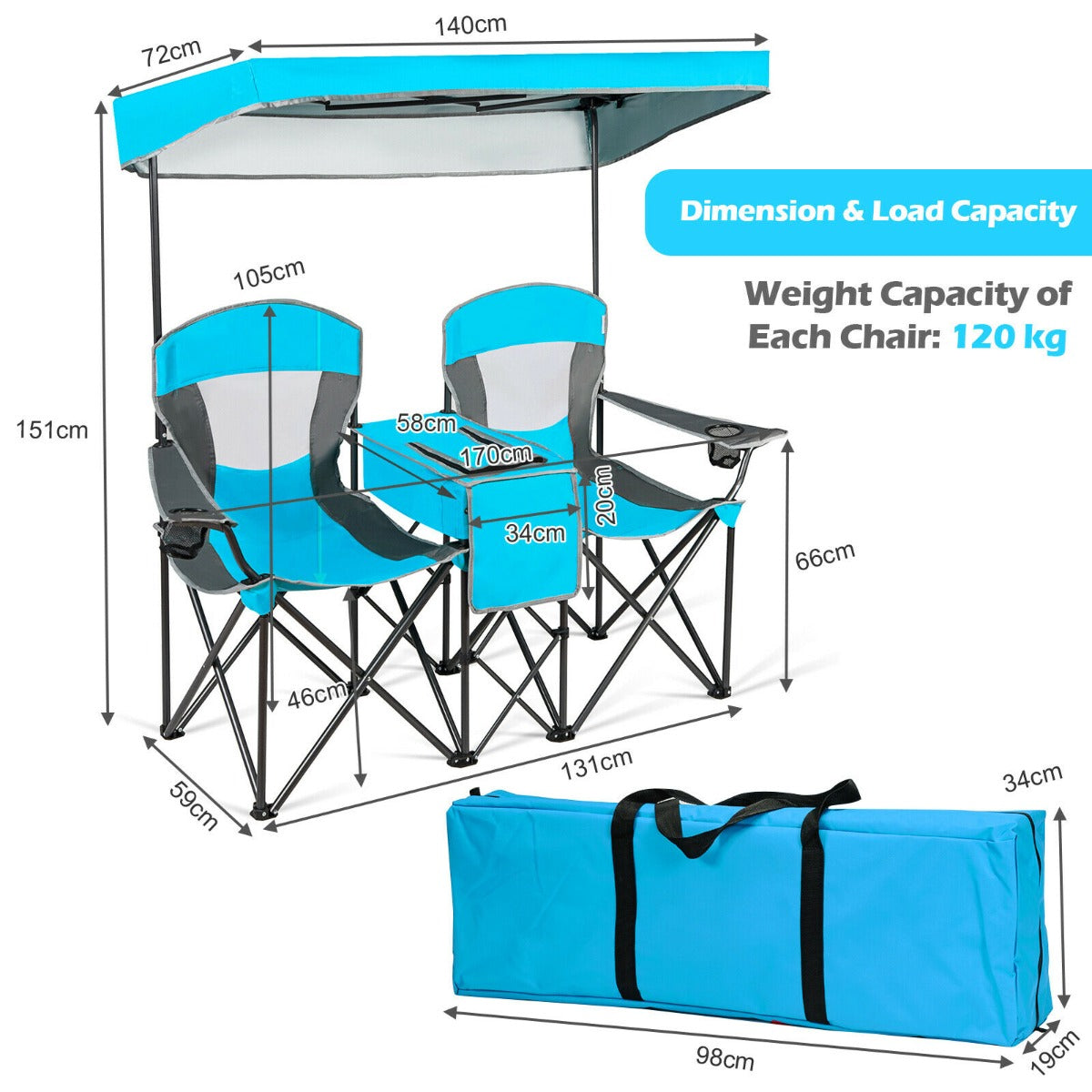 Double Folding Camping Chair with Canopy and Armrests-Blue