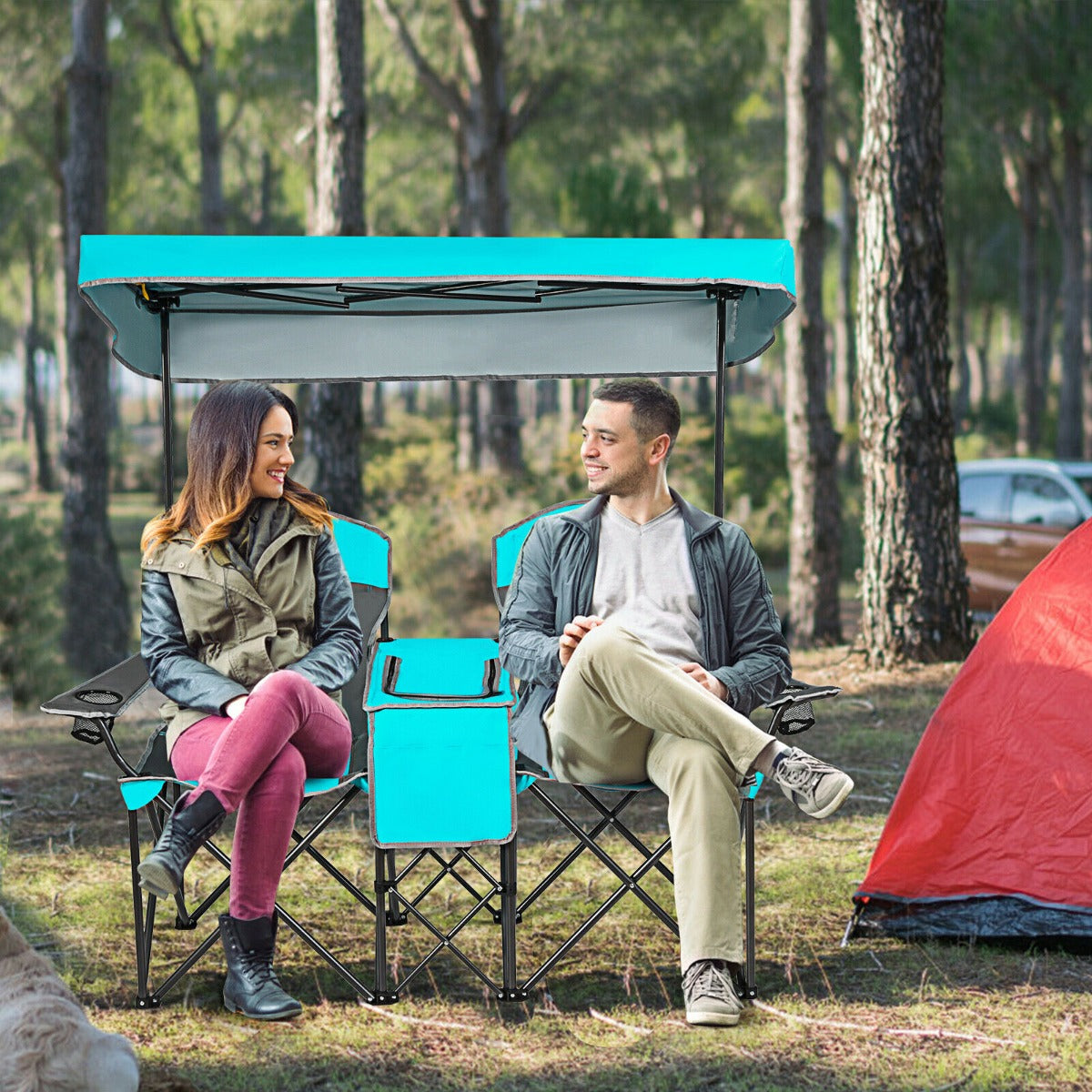 Double Folding Camping Chair with Canopy and Armrests-Turquoise
