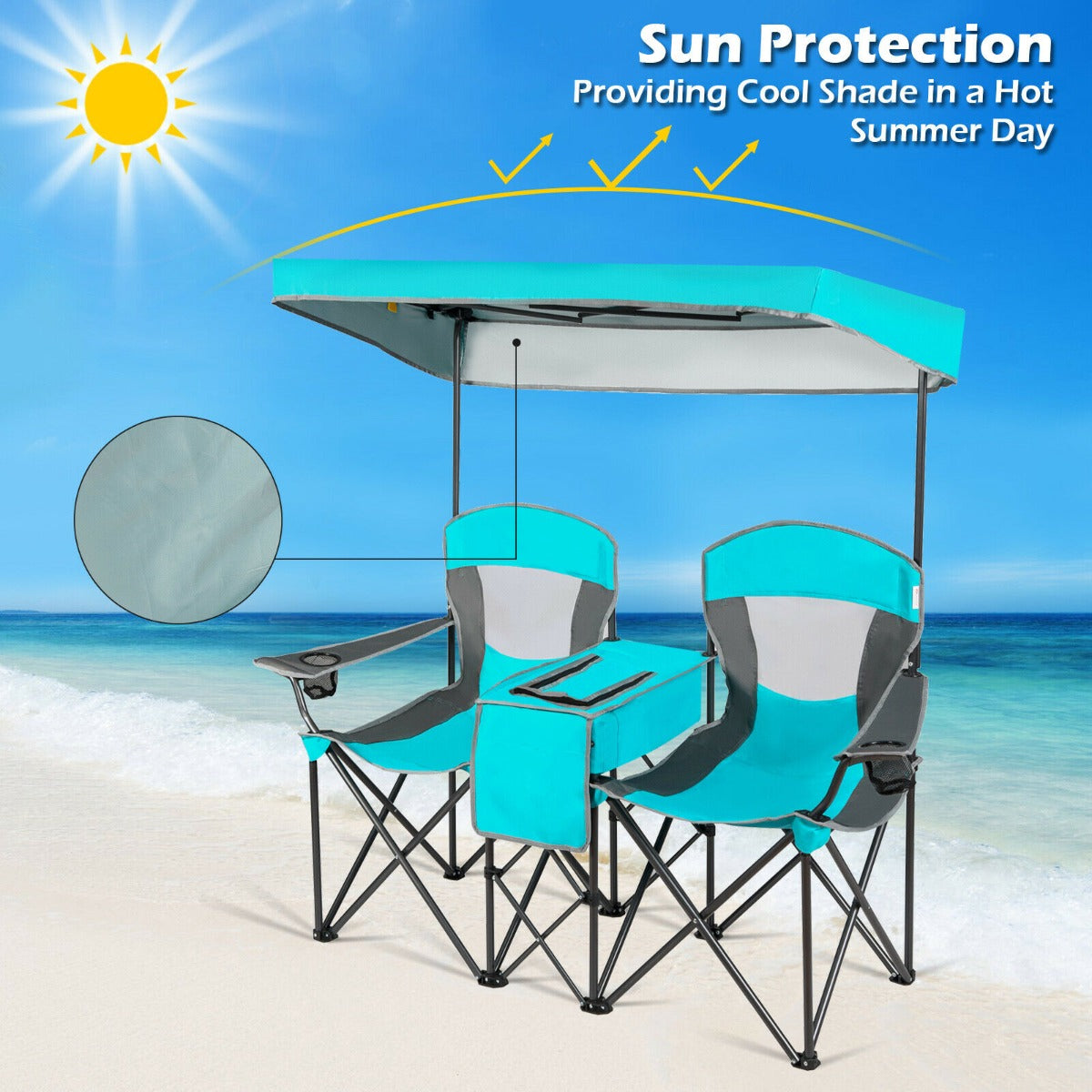 Double Folding Camping Chair with Canopy and Armrests-Turquoise