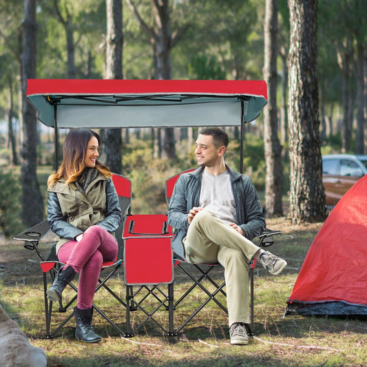 Double Folding Camping Chair with Canopy and Armrests-Red