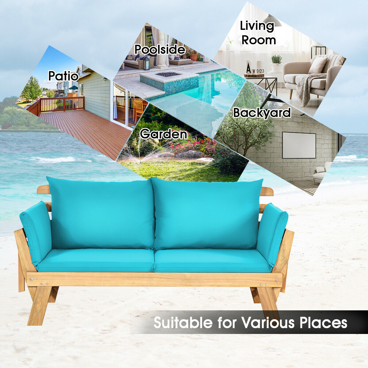 3 in 1 Convertible Cushioned Loveseat Lounger Couch with Pillows-Turquoise