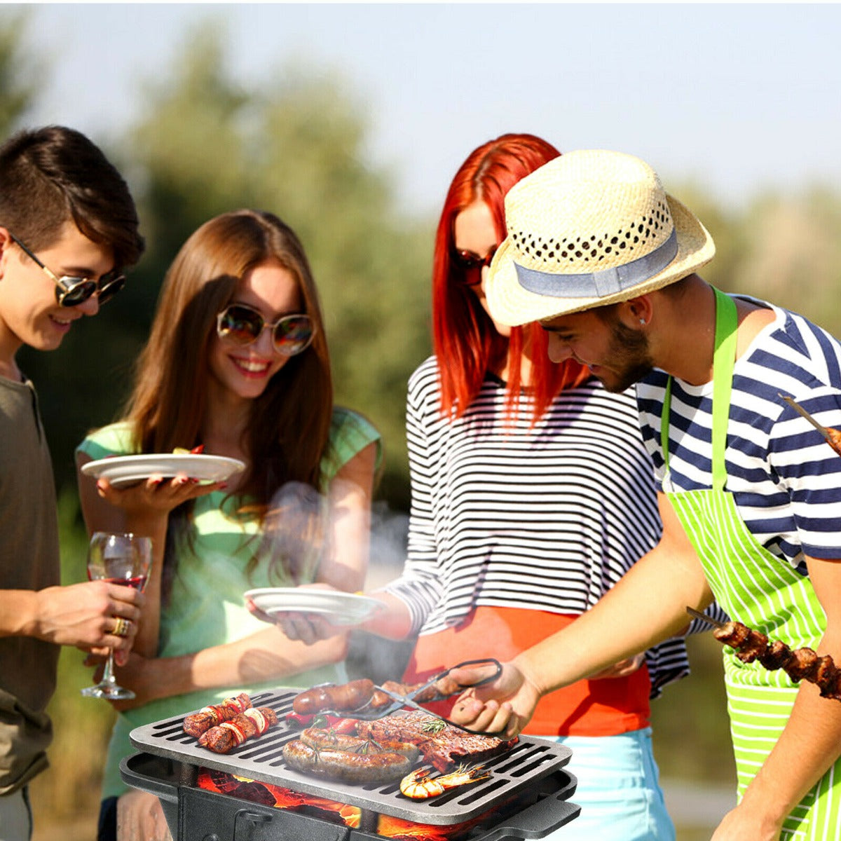 Portable Charcoal Grill with Double-sided Grilling Net