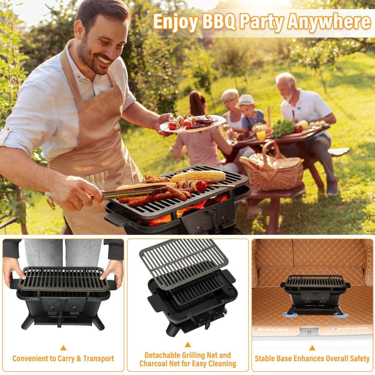 Portable Charcoal Grill with Double-sided Grilling Net