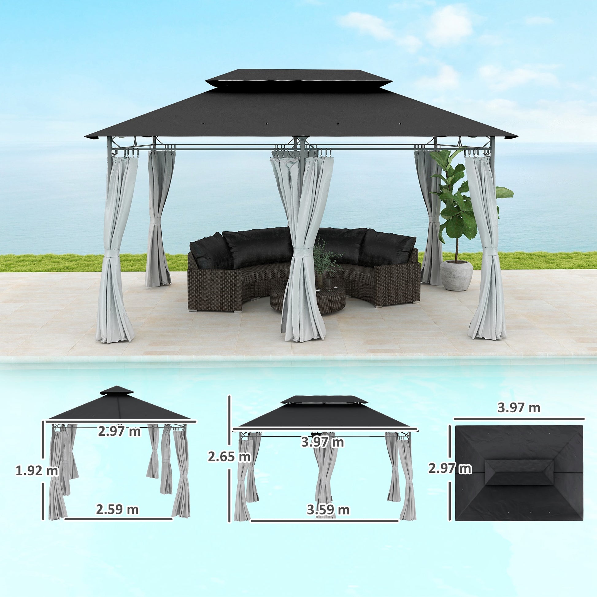 Outsunny 3 x 4m Metal Frame, Two-Tier Roof Gazebo - Dark Grey