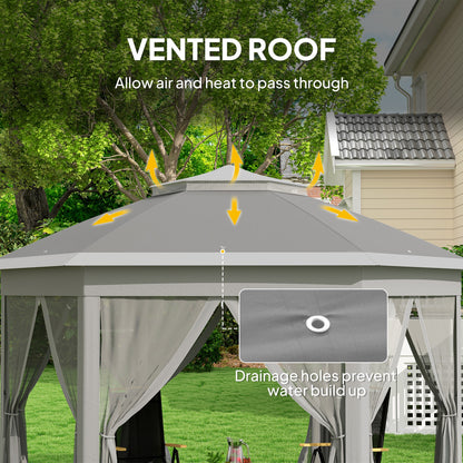 Outsunny 3 x 4m Garden Gazebo Hexagon Pop Up Gazebo Party Tent Canopy Double Roof Instant Shelter with Netting and Carry Bag for Outdoor Patio, Dark Grey