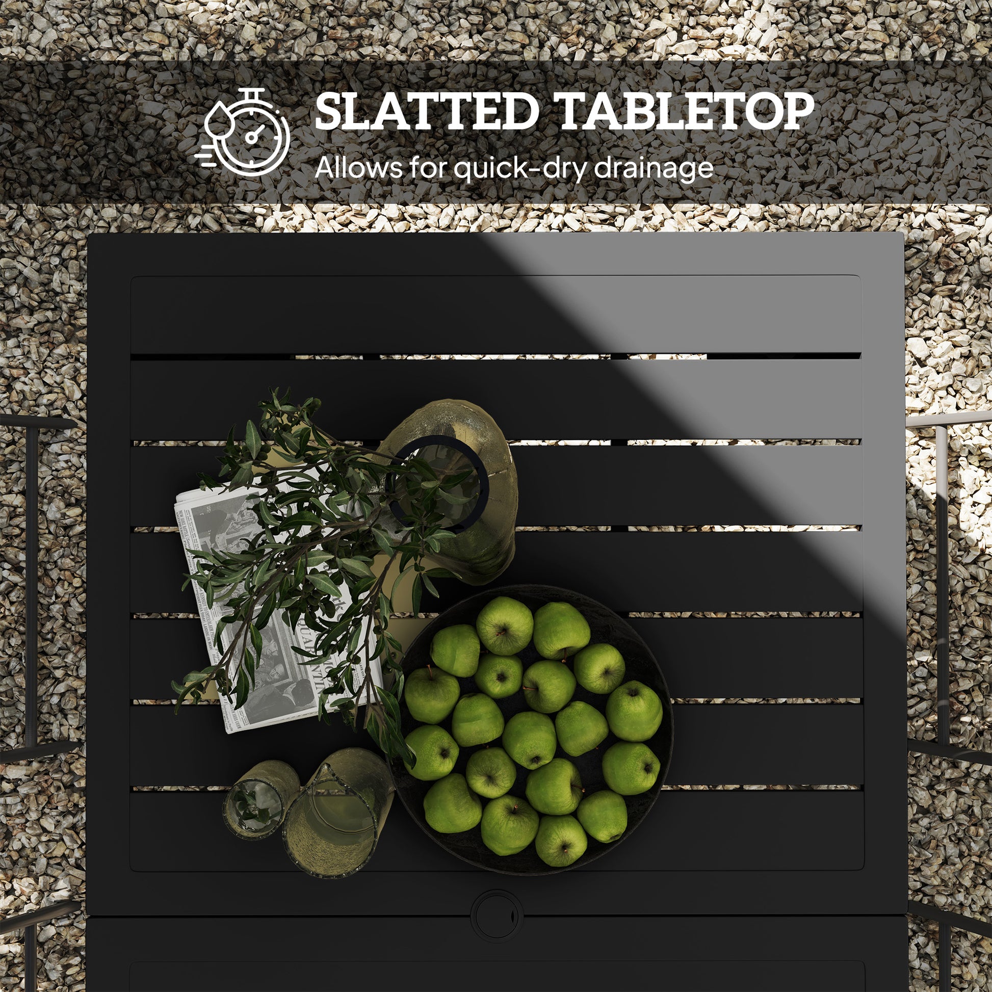 Outsunny Garden Table with Parasol Hole for 6 Person, Rectangle Outdoor Dining Table with Slatted Metal Tabletop, Steel Frame for Patio, Balcony, 150 x 90 x 73 cm, Black