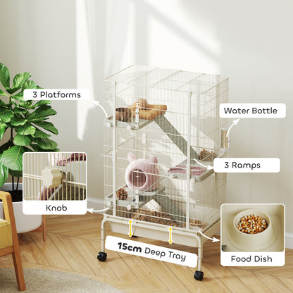 PawHut 4-Level Rolling Small Animal Cage, Rabbit Cage with 3 Ramps, Water Bottle, Food Dish, 15cm Deep Tray, Beige