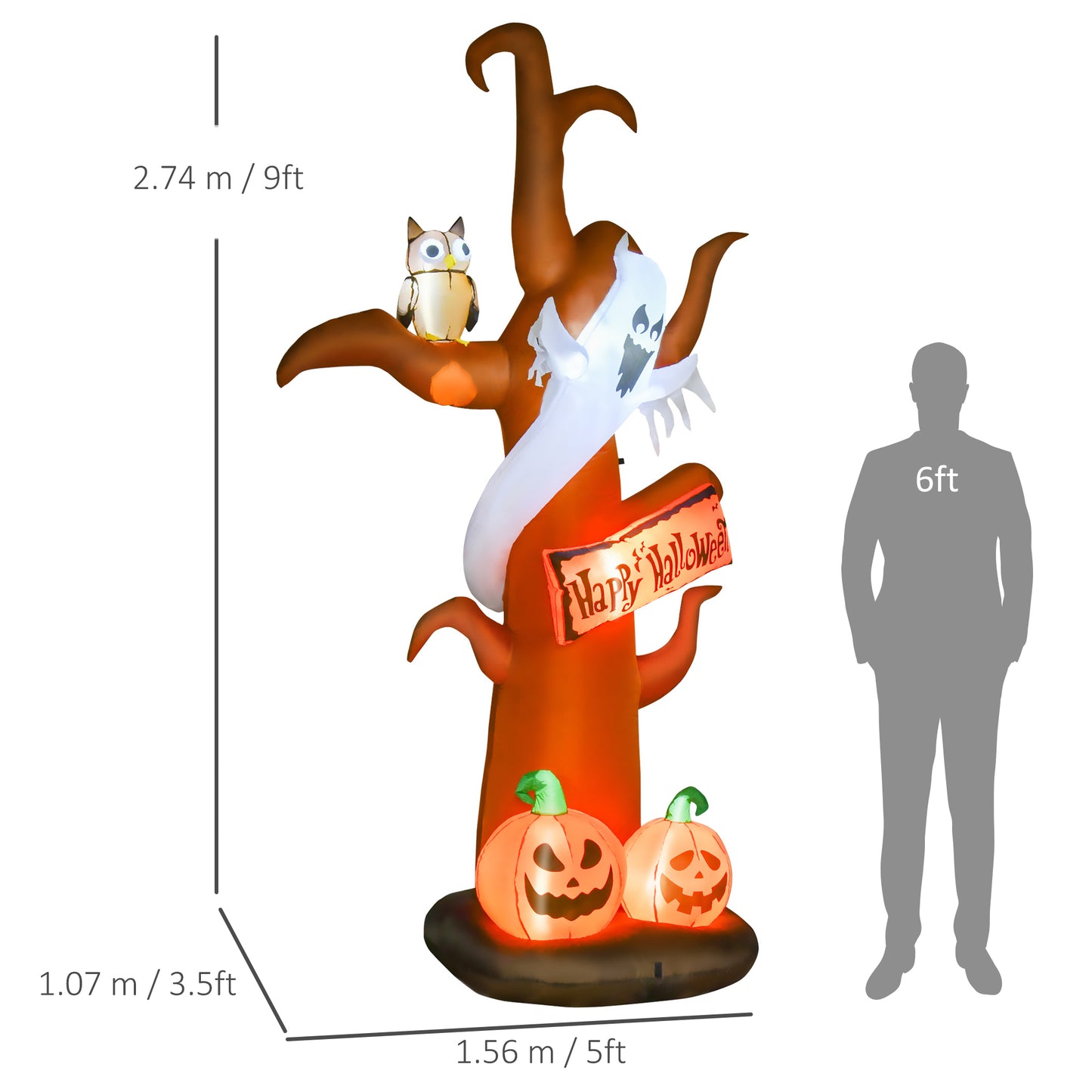 HOMCOM Next Day Delivery 2.7m Halloween Inflatable Tree with Ghost and Pumpkin, LED Lighted for Home Indoor Outdoor