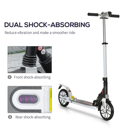 HOMCOM Folding Kick Scooter, Hight-Adjustable Urban Scooter w/ Rear Brake, Double Shock Absorption System, Warning Bell For 14+ Teens Adult, White
