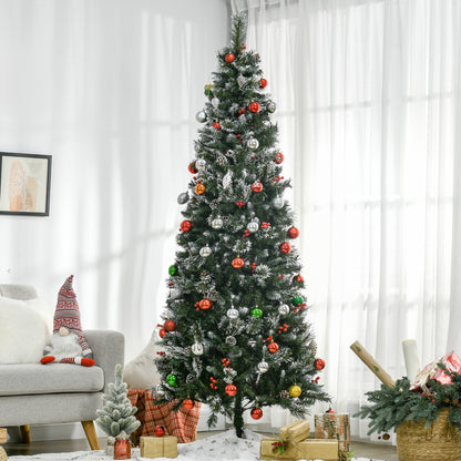 HOMCOM 7 Foot Snow Dipped Artificial Christmas Tree Slim Pencil Xmas Tree with 738 Realistic Branches, Pine Cones, Red Berries, Auto Open, Green