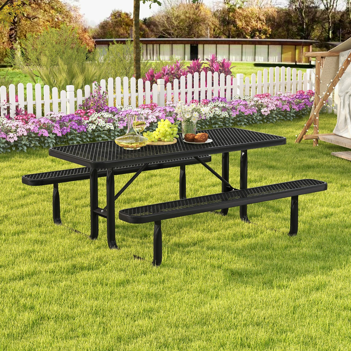 Outdoor Picnic Table &amp; Bench Set for 8 with Seats &amp; Mesh Grid-Black