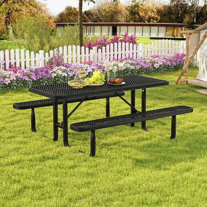 Outdoor Picnic Table &amp; Bench Set for 8 with Seats &amp; Mesh Grid-Black