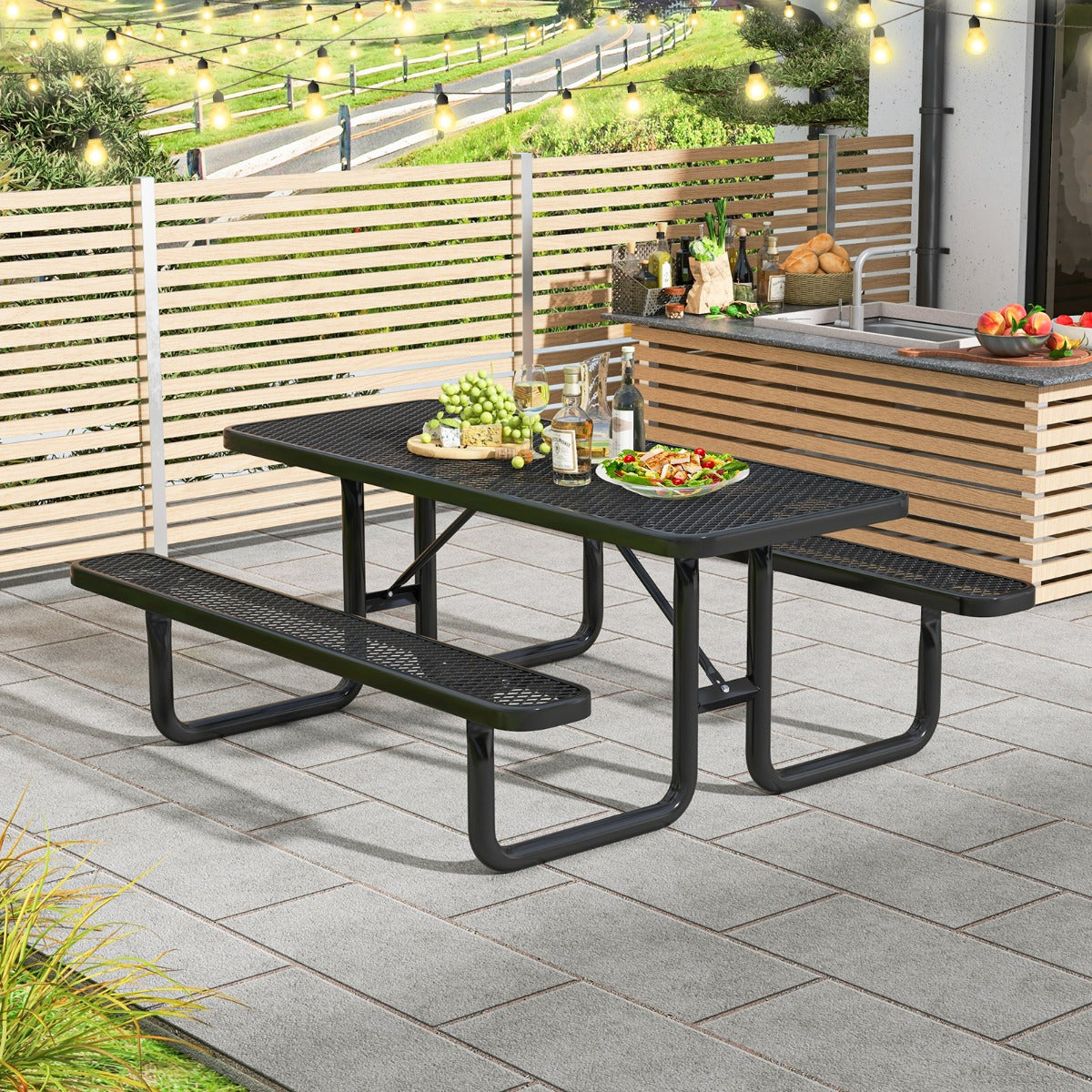 Outdoor Picnic Table &amp; Bench Set for 8 with Seats &amp; Mesh Grid-Black