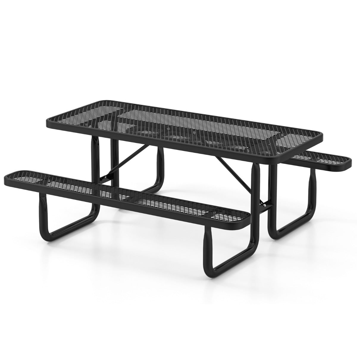 Outdoor Picnic Table &amp; Bench Set for 8 with Seats &amp; Mesh Grid-Black