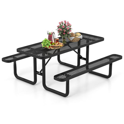 Outdoor Picnic Table &amp; Bench Set for 8 with Seats &amp; Mesh Grid-Black
