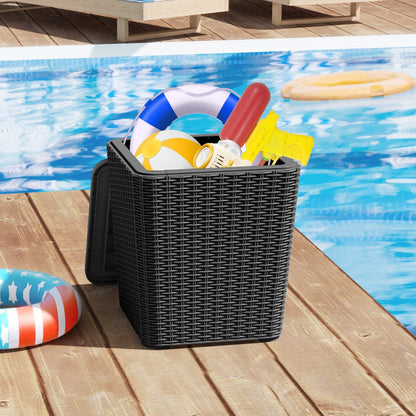 Outdoor Resin Storage Side Table with Removable Lid and Wicker-woven Accent-Black