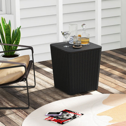 Outdoor Resin Storage Side Table with Removable Lid and Wicker-woven Accent-Black