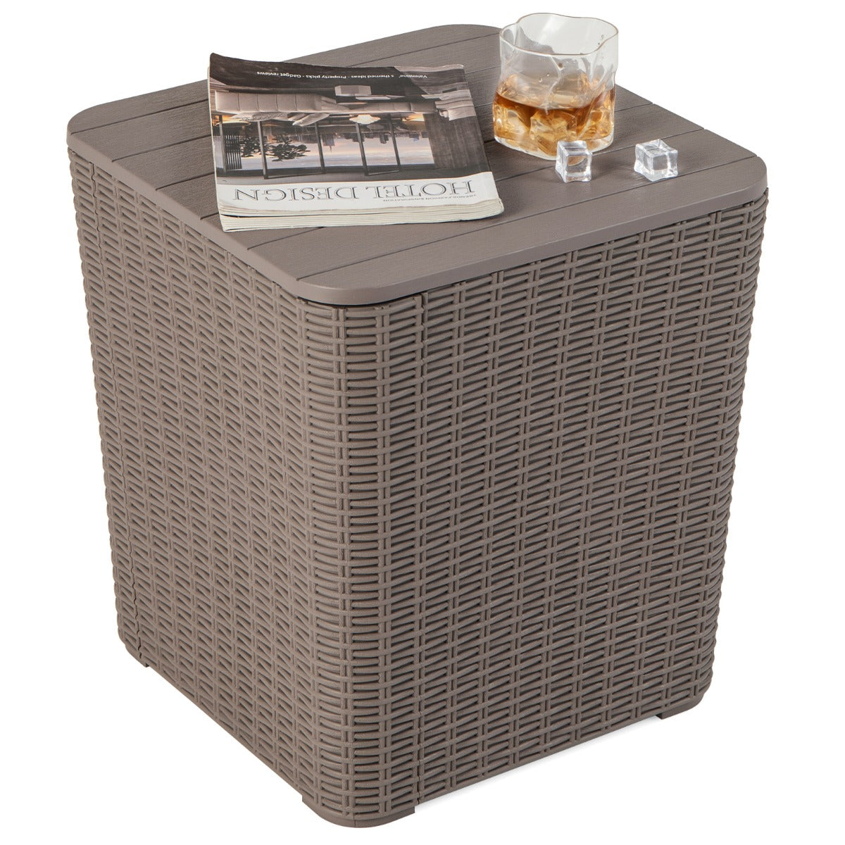 Outdoor Resin Storage Side Table with Removable Lid and Wicker-woven Accent-Brown