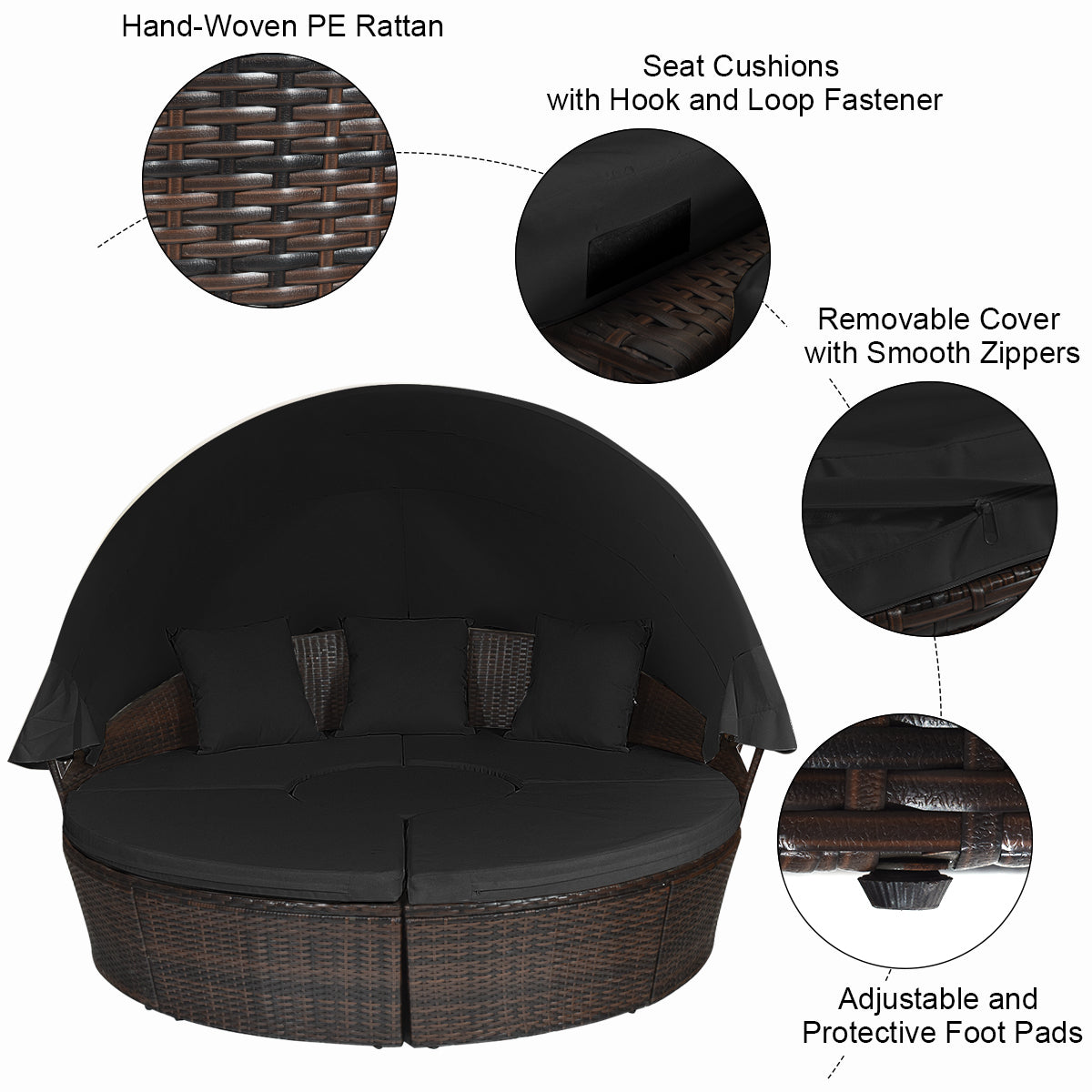 Outdoor Wicker Daybed, Patio Round Sectional Furniture Set-Black