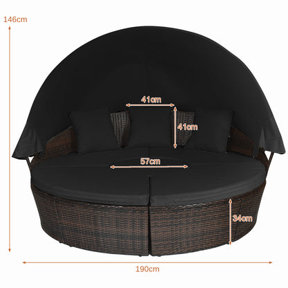 Outdoor Wicker Daybed, Patio Round Sectional Furniture Set-Black