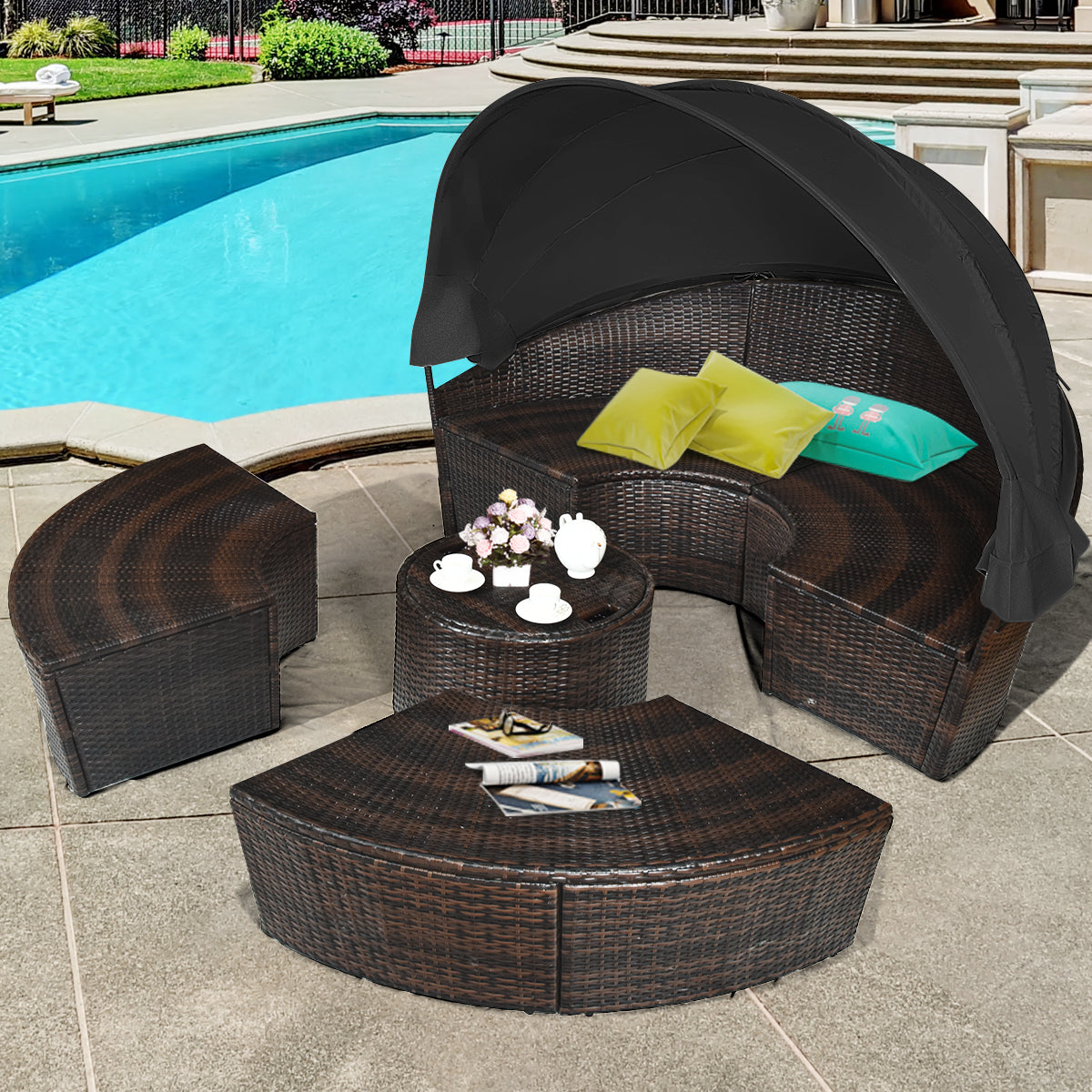 Outdoor Wicker Daybed, Patio Round Sectional Furniture Set-Black