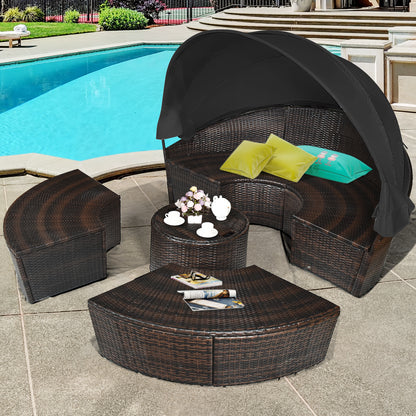 Outdoor Wicker Daybed, Patio Round Sectional Furniture Set-Black