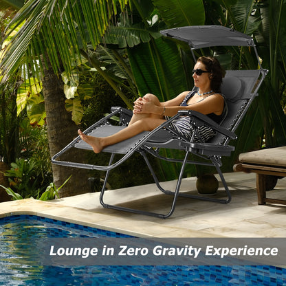 Oversized Folding Zero Gravity Recliner with Adjustable Canopy Shade-Black