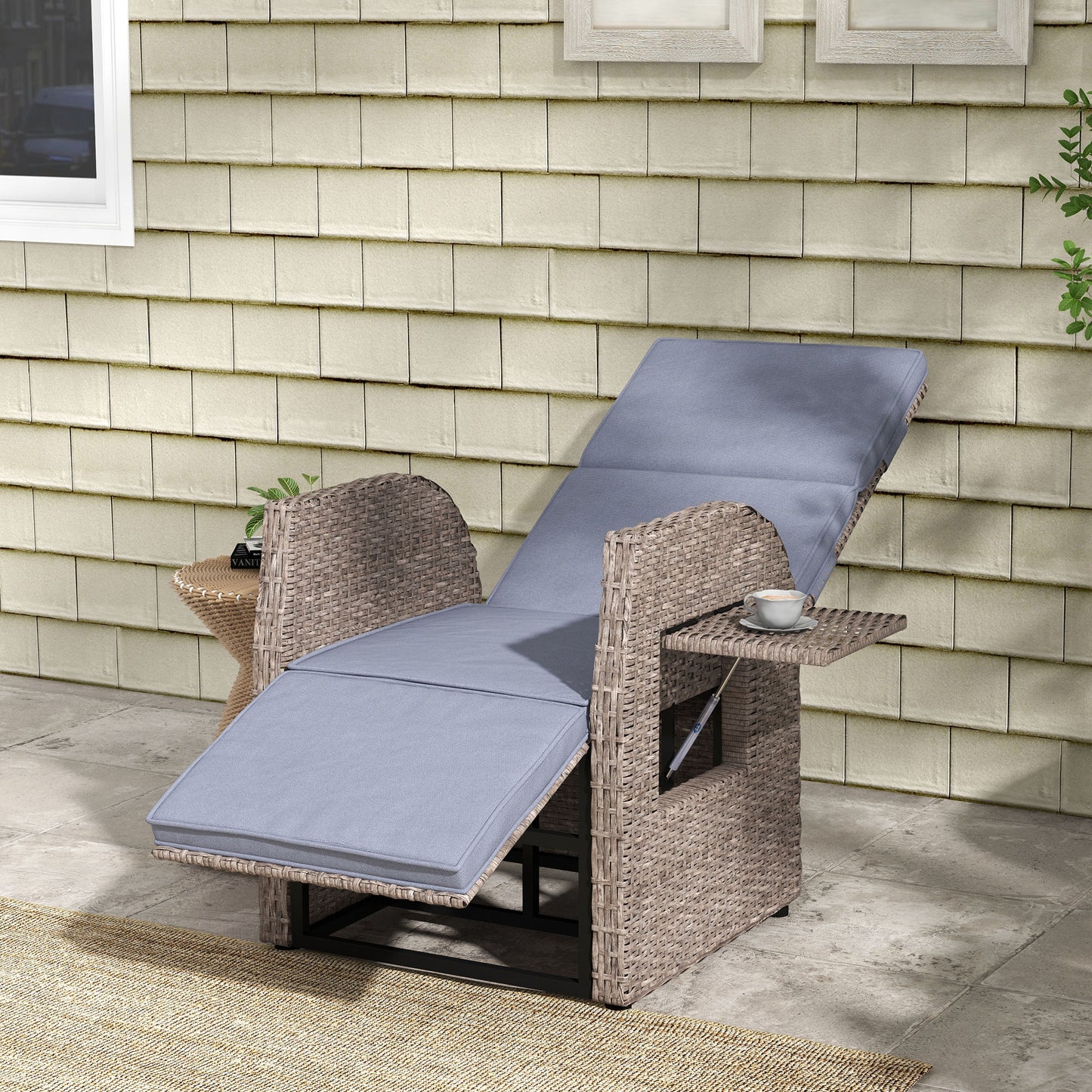 Outsunny 148° Reclining Rattan Garden Armchair, with Footrest - Brown/Grey