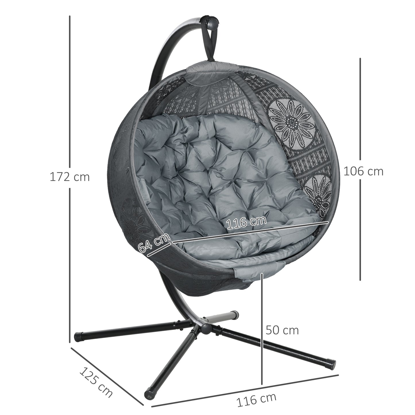 Outsunny Round Egg Basket Chair, with Steel Stand, Charcoal Grey