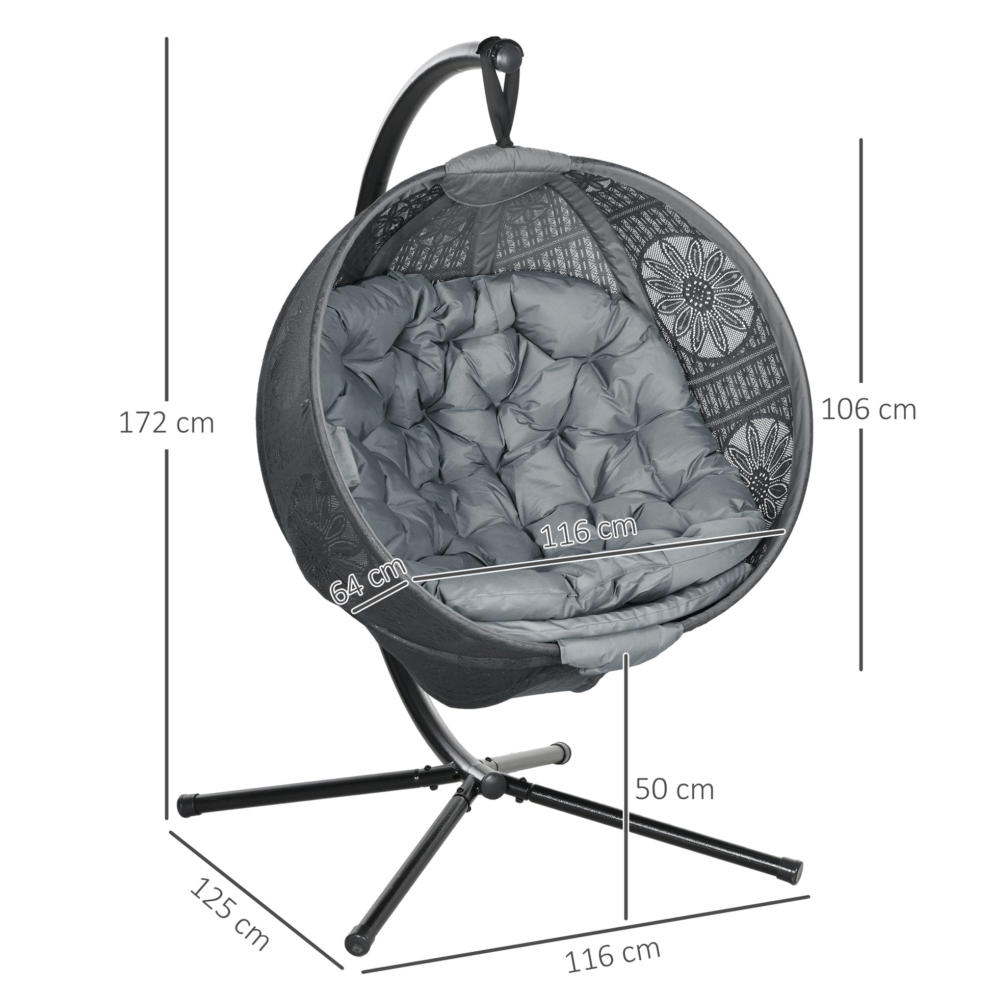 Outsunny Round Egg Basket Chair, with Steel Stand, Charcoal Grey
