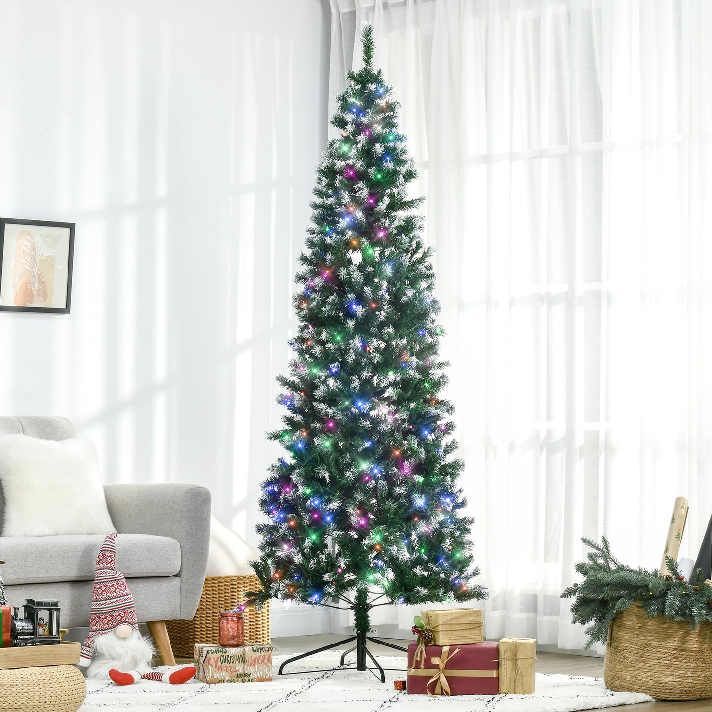 HOMCOM 7' Tall Prelit Pencil Slim Artificial Christmas Tree with Realistic Branches, 350 Colourful LED Lights and 818 Tips, Xmas Decoration, Green